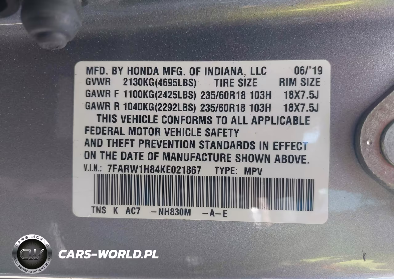 2019 Honda Cr-V Ex-L VIN:7FARW1H84KE021867 - 9