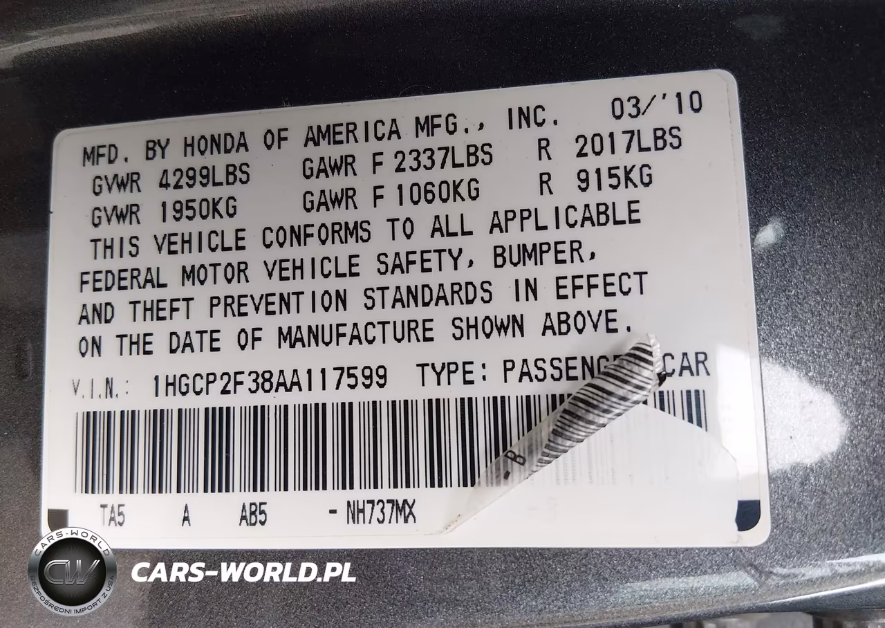 2010 Honda Accord 2.4 Lx VIN:1HGCP2F38AA117599 - 9