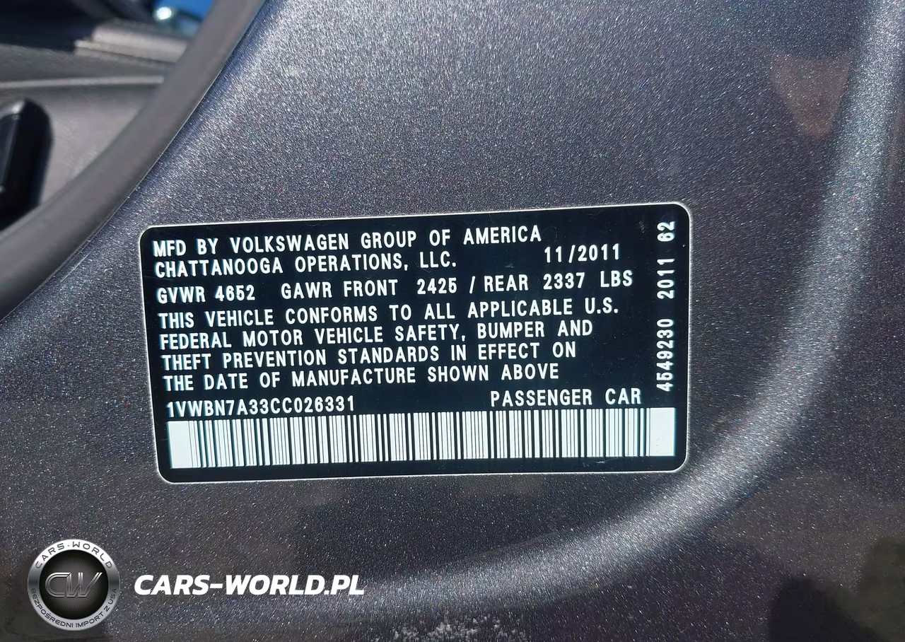 2012 Volkswagen Passat 2.0L Tdi Se VIN:1VWBN7A33CC026331 - 9