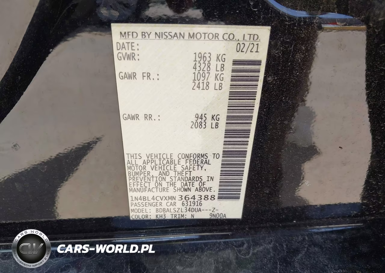 2021 Nissan Altima Sr Fwd VIN:1N4BL4CVXMN364388 - 9