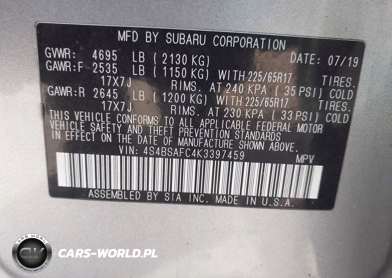 2019 Subaru Outback 2.5I Premium VIN:4S4BSAFC4K3397459 - 9
