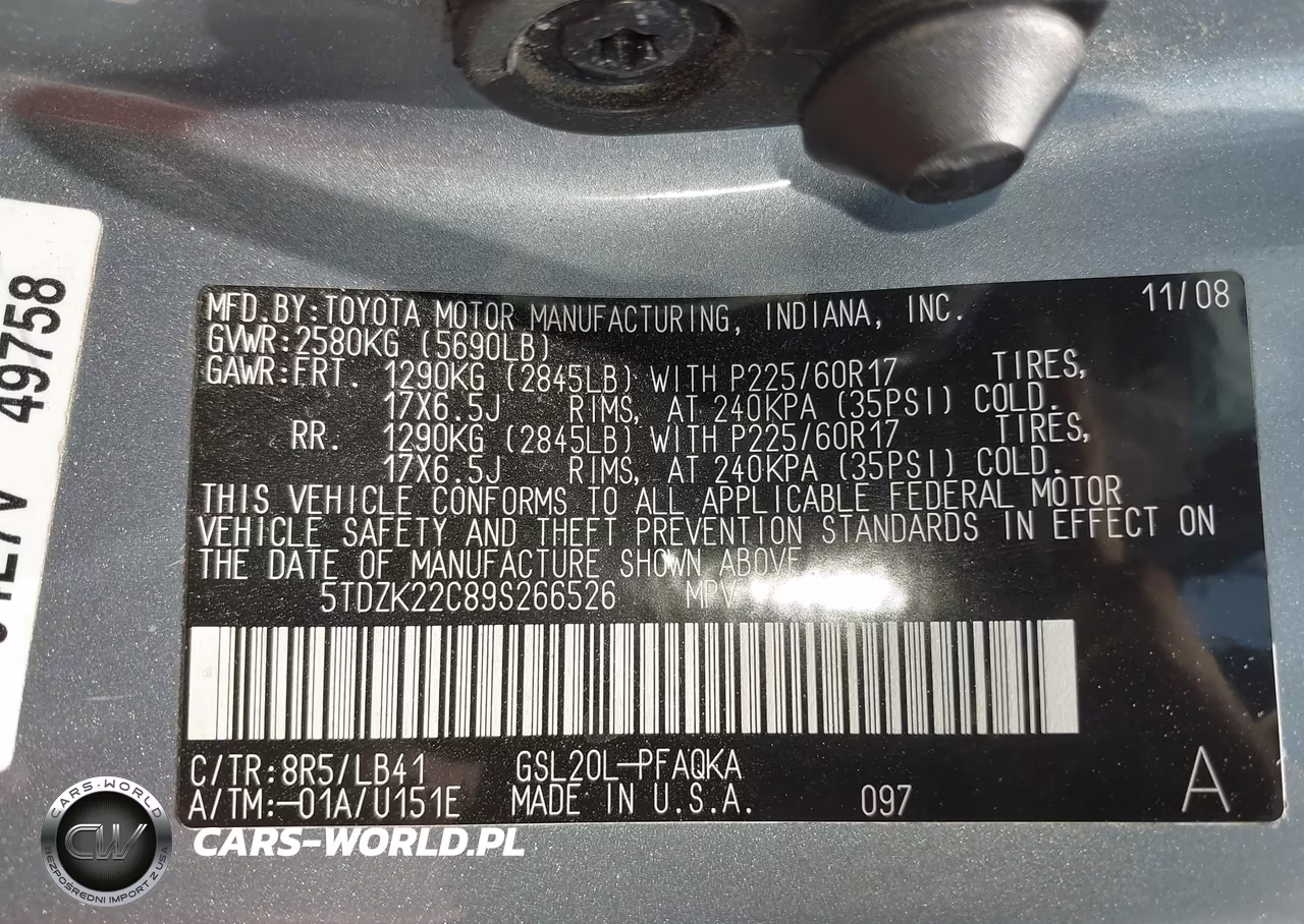 2009 Toyota Sienna Xle VIN:5TDZK22C89S266526 - 9