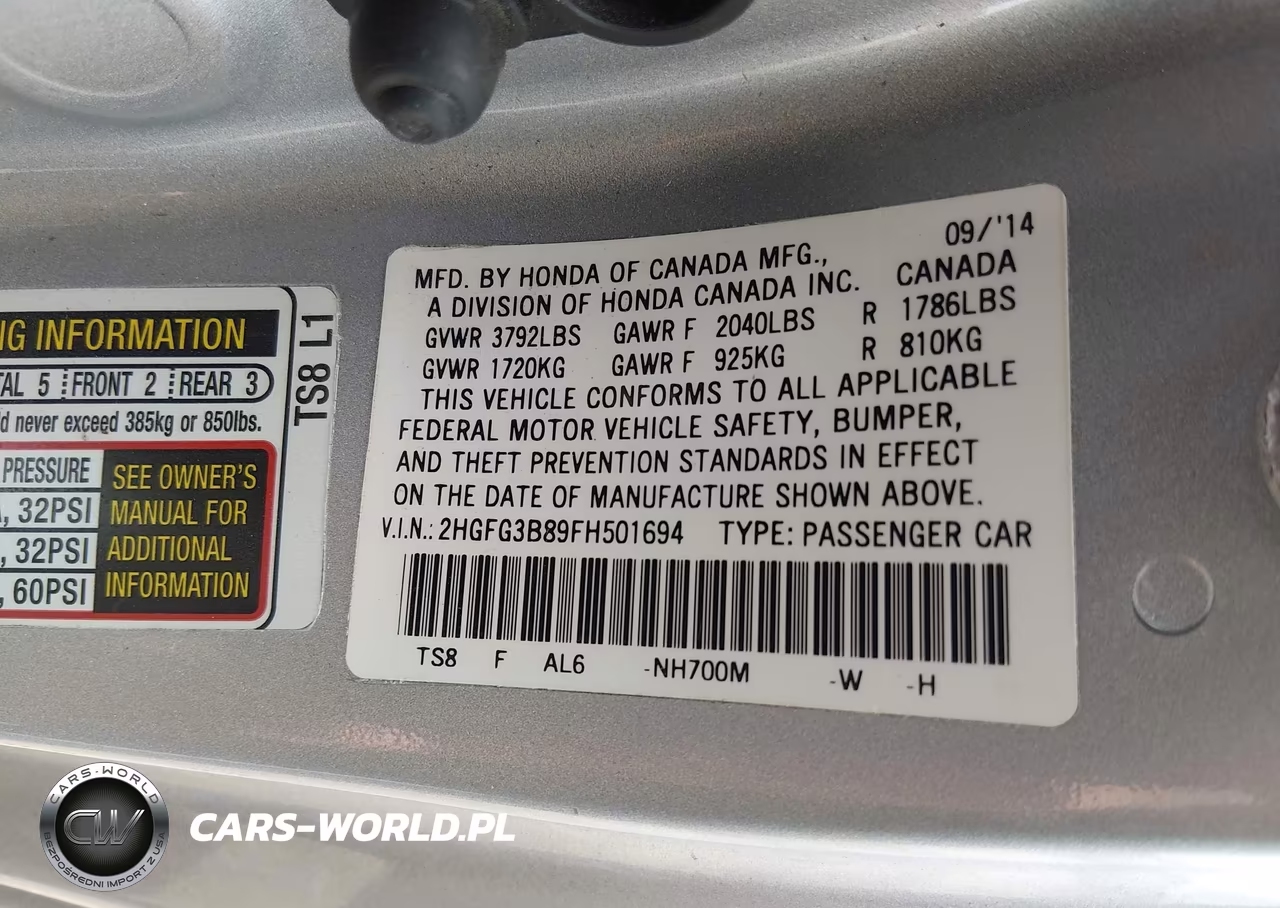 2015 Honda Civic Ex VIN:2HGFG3B89FH501694 - 9