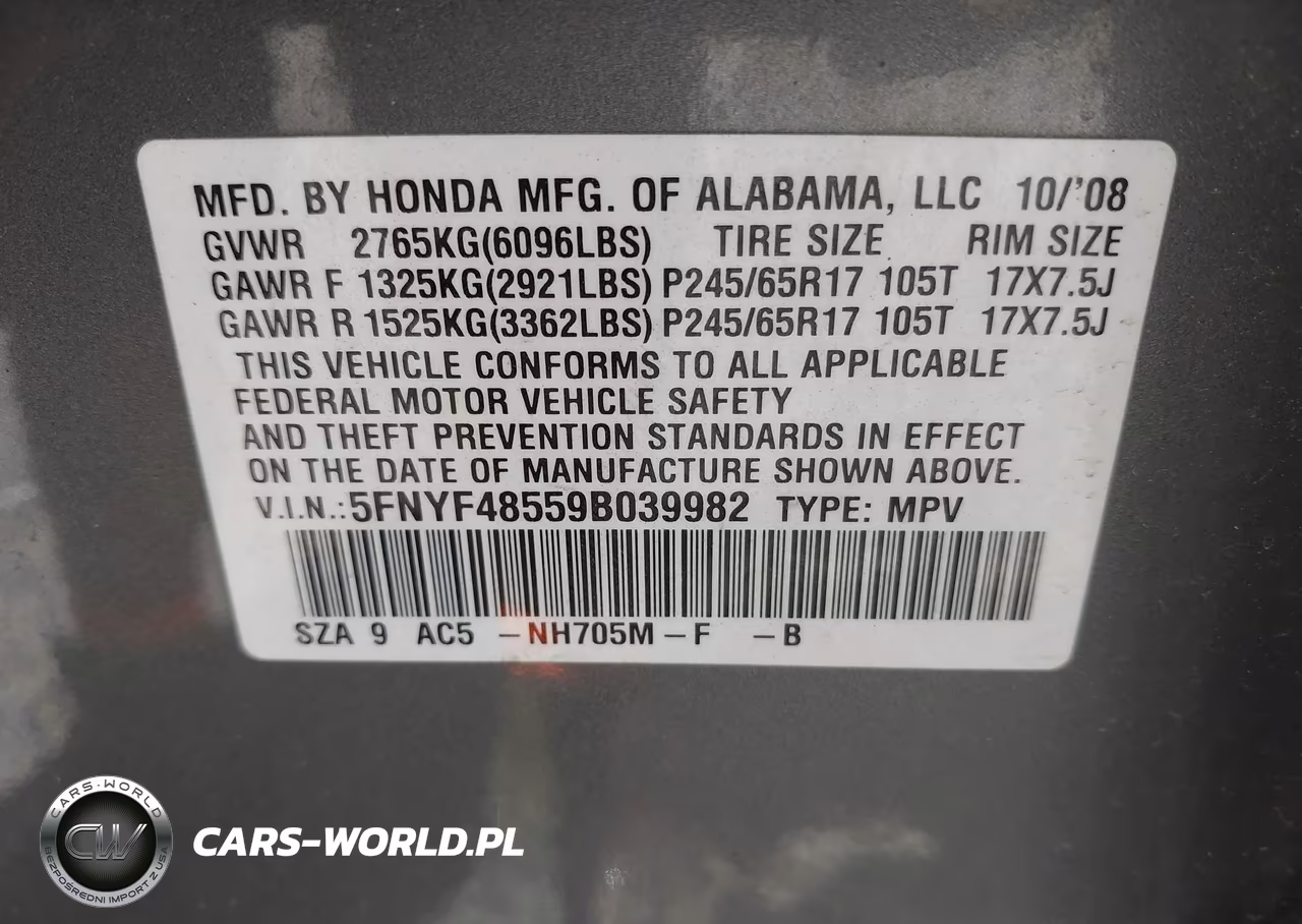 2009 Honda Pilot Ex-L VIN:5FNYF48559B039982 - 9