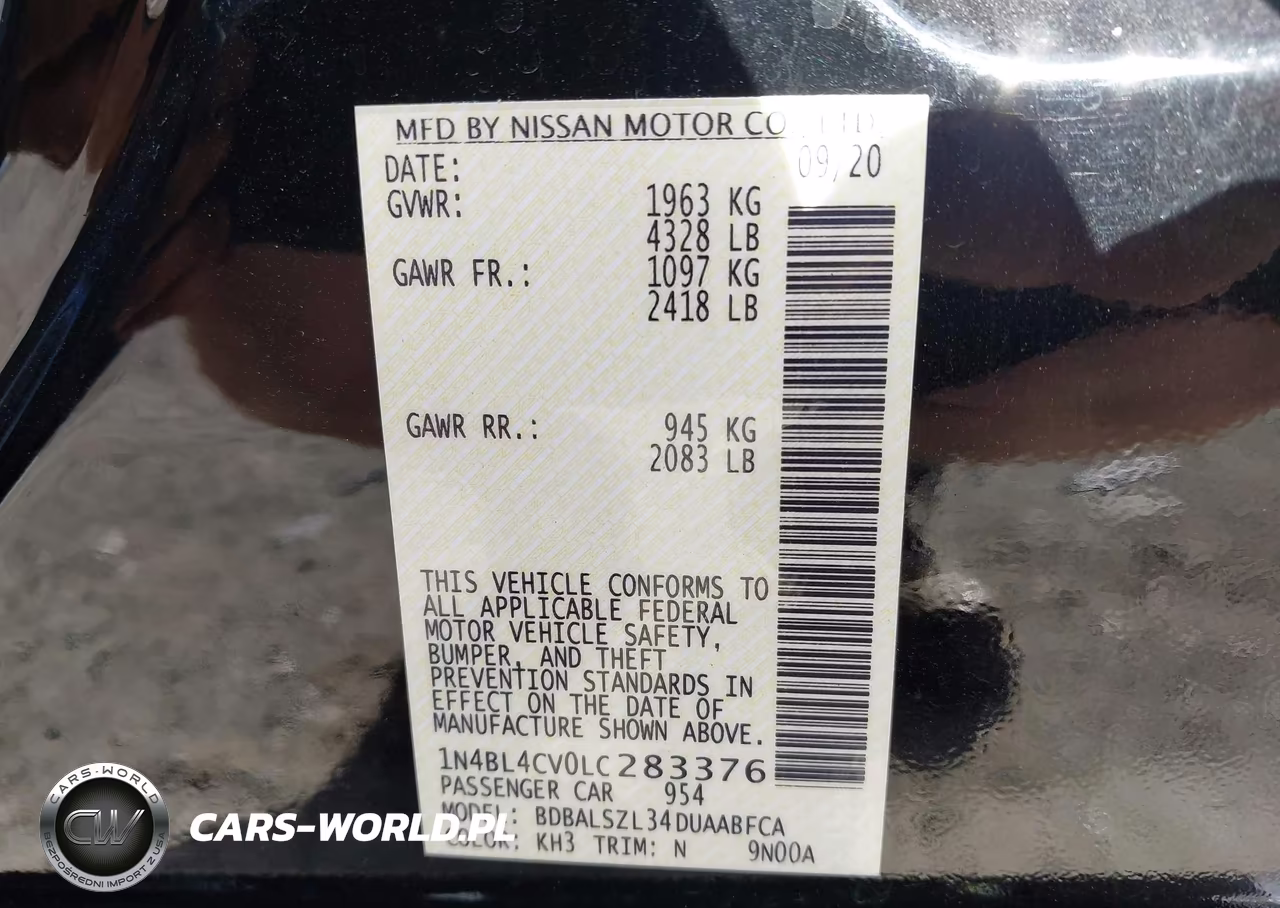 2020 Nissan Altima Sr Fwd VIN:1N4BL4CV0LC283376 - 9
