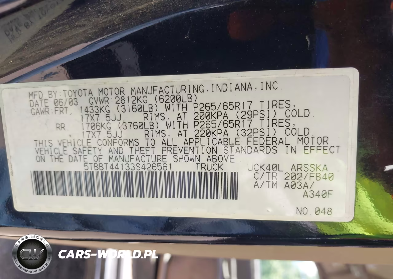 2003 Toyota Tundra Sr5 V8 VIN:5TBBT44133S426561 - 9