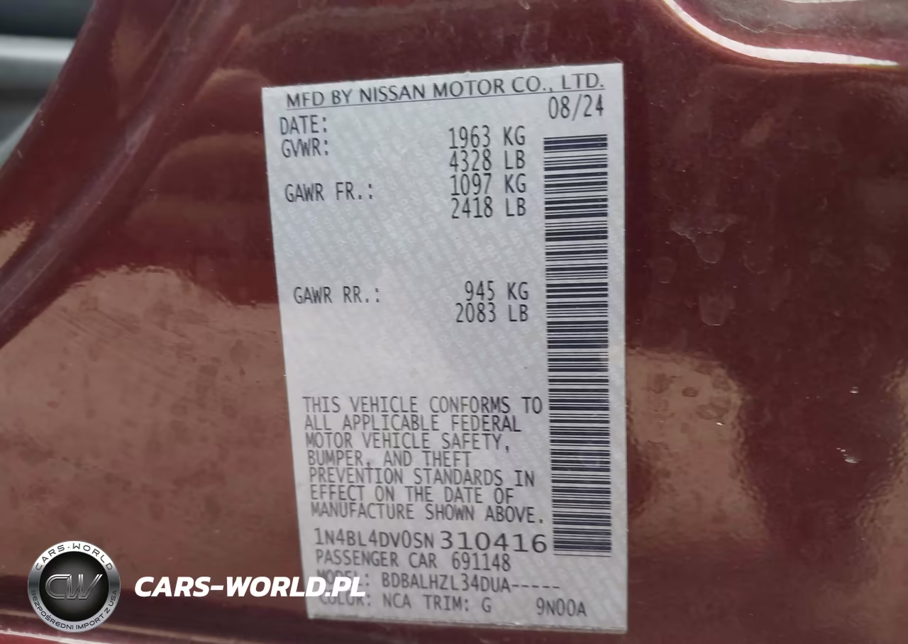 2025 Nissan Altima Sv Fwd VIN:1N4BL4DV0SN310416 - 9