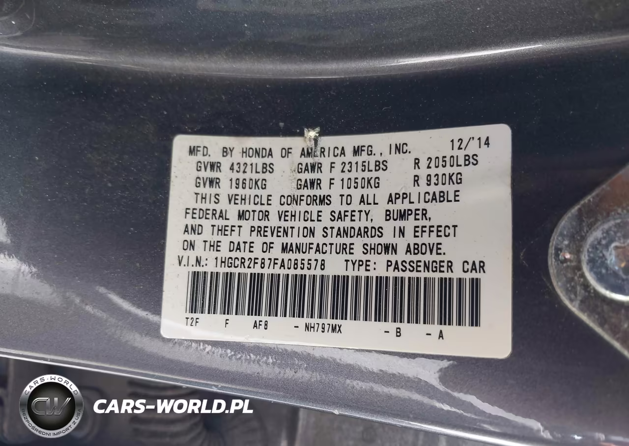 2015 Honda Accord Ex-L VIN:1HGCR2F87FA085578 - 9