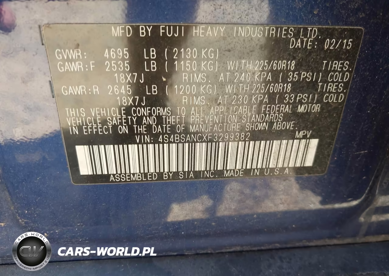 2015 Subaru Outback 2.5I Limited VIN:4S4BSANCXF3299382 - 9