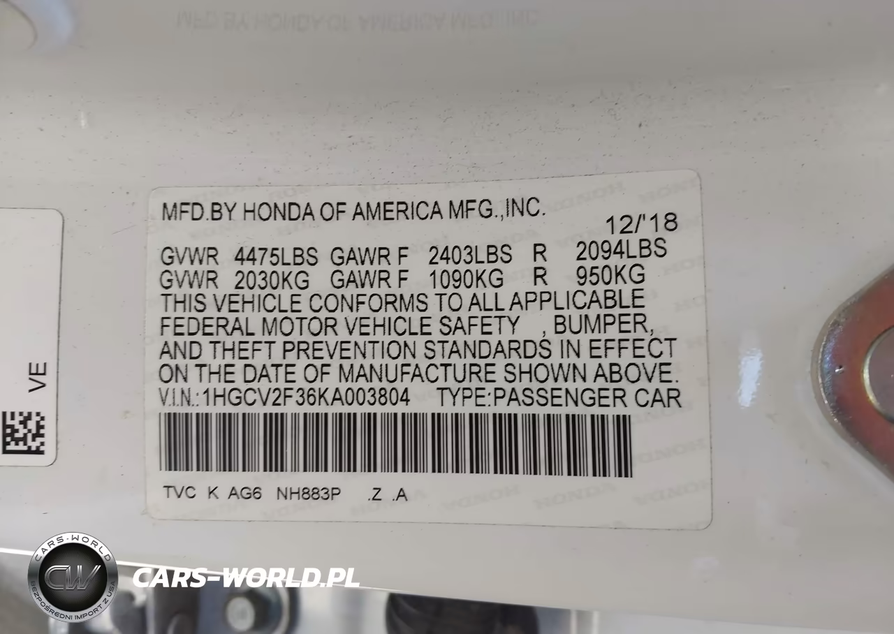 2019 Honda Accord Sport 2.0T VIN:1HGCV2F36KA003804 - 9