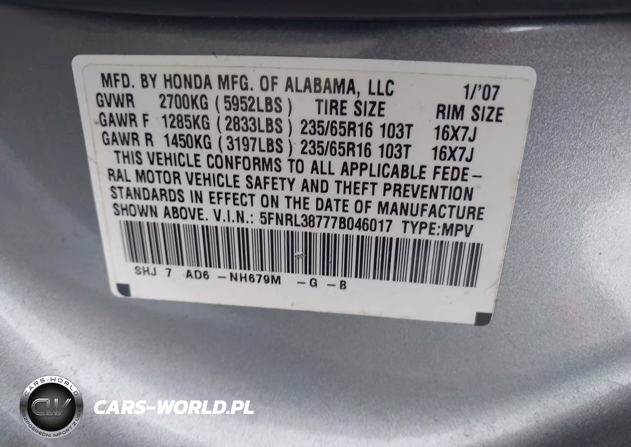 2007 Honda Odyssey Ex-L VIN:5FNRL38777B046017 - 9
