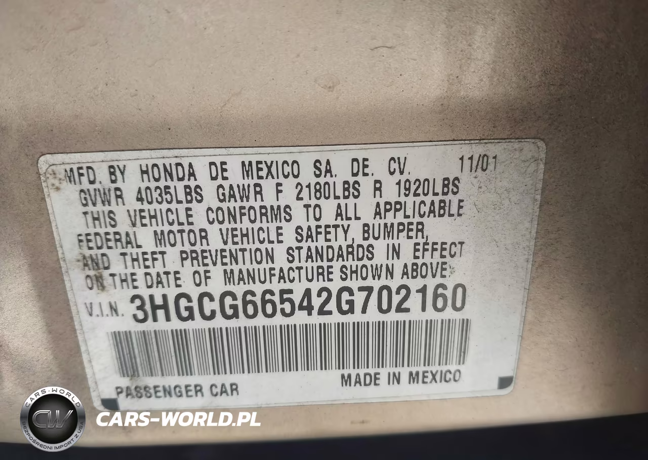 2002 Honda Accord 2.3 Lx VIN:3HGCG66542G702160 - 9