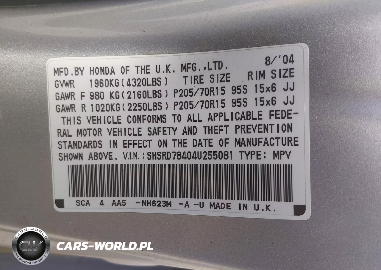 2004 Honda Cr-V Lx VIN:SHSRD78404U255081 - 9