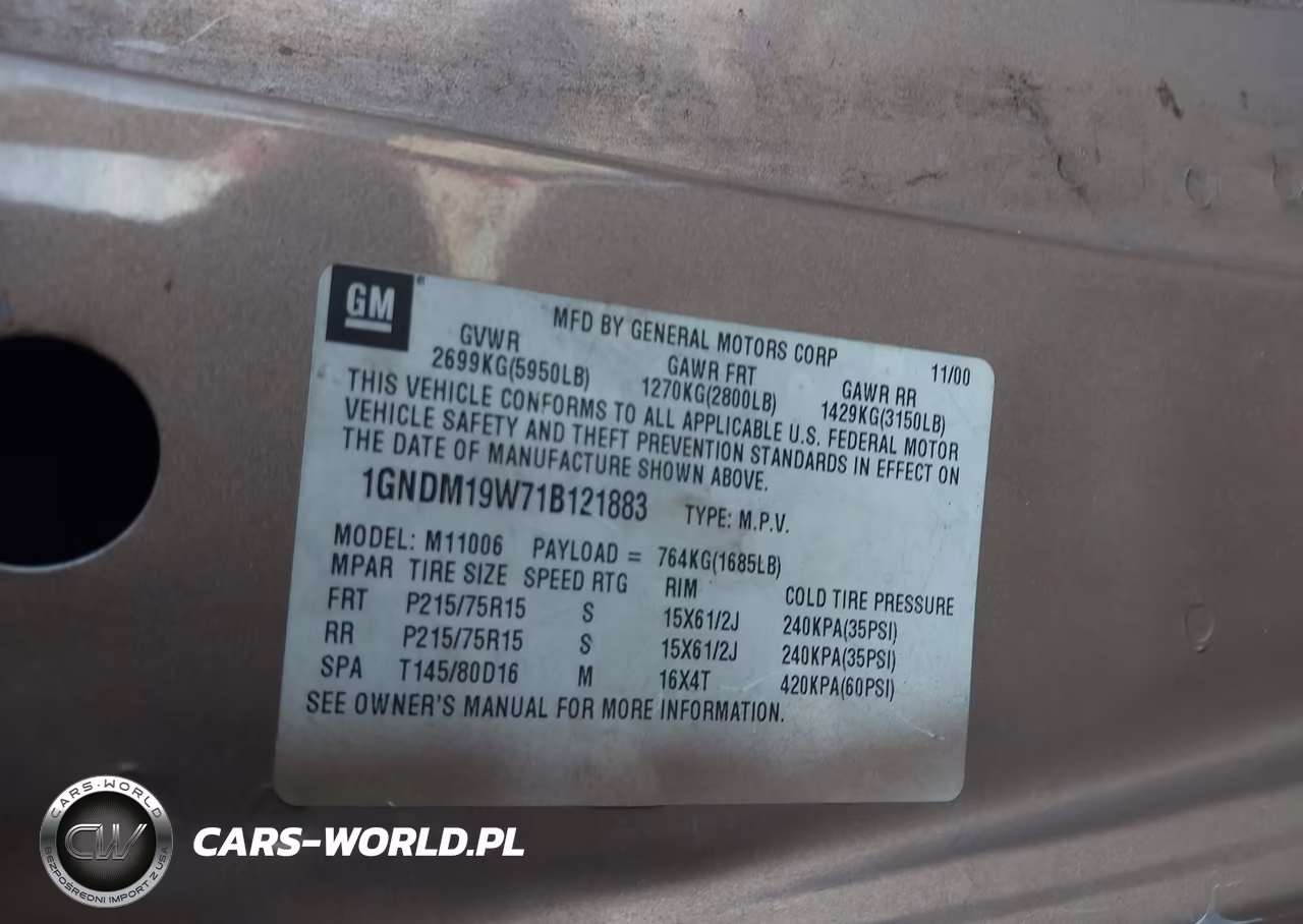 2001 Chevrolet Astro Ls VIN:1GNDM19W71B121883 - 9