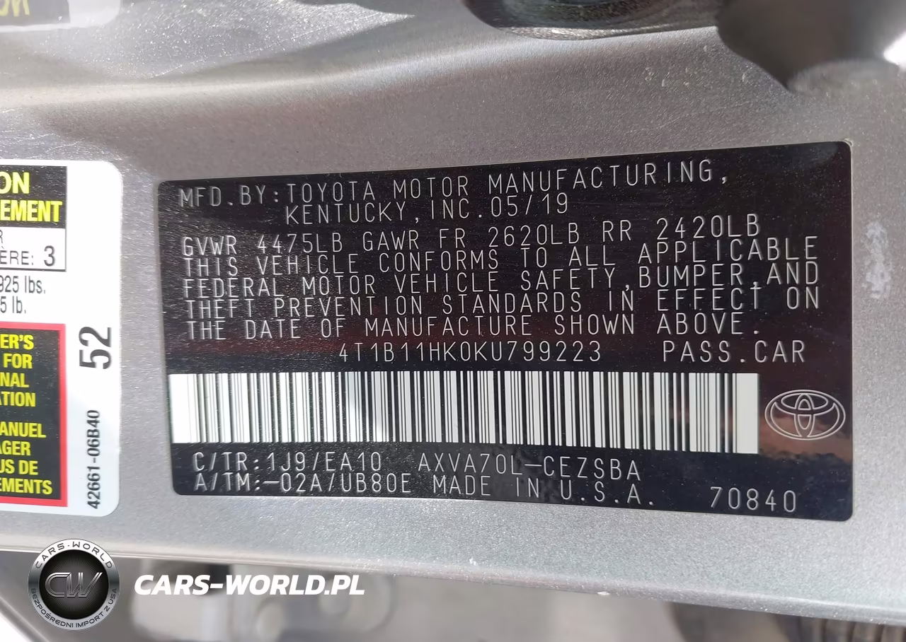 2019 Toyota Camry Se VIN:4T1B11HK0KU799223 - 9
