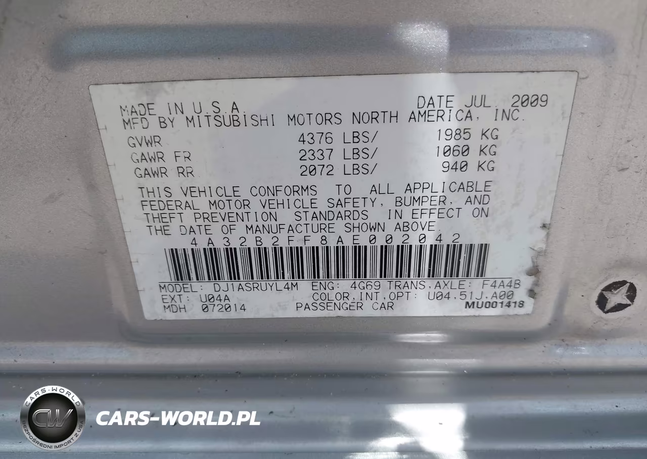 2010 Mitsubishi Galant Fe VIN:4A32B2FF8AE002042 - 9