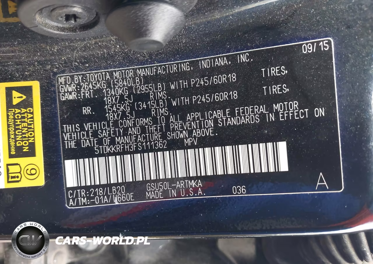 2015 Toyota Highlander Xle V6 VIN:5TDKKRFH3FS111362 - 9