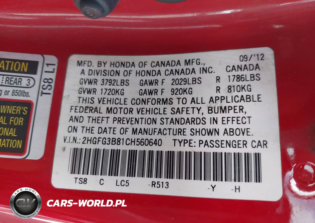 2012 Honda Civic Ex VIN:2HGFG3B81CH560640 - 9