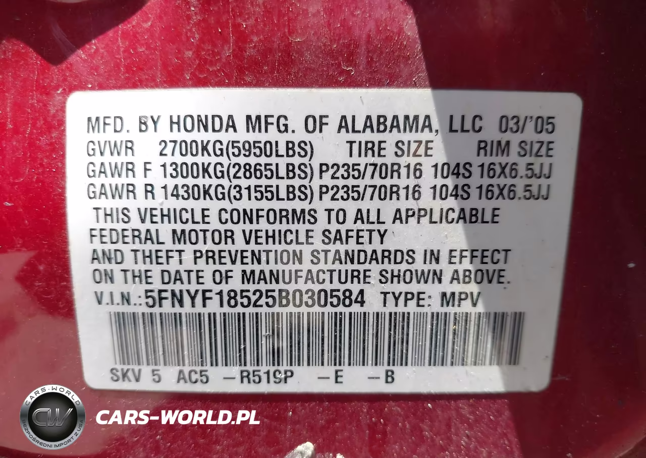 2005 Honda Pilot Ex-L VIN:5FNYF18525B030584 - 9