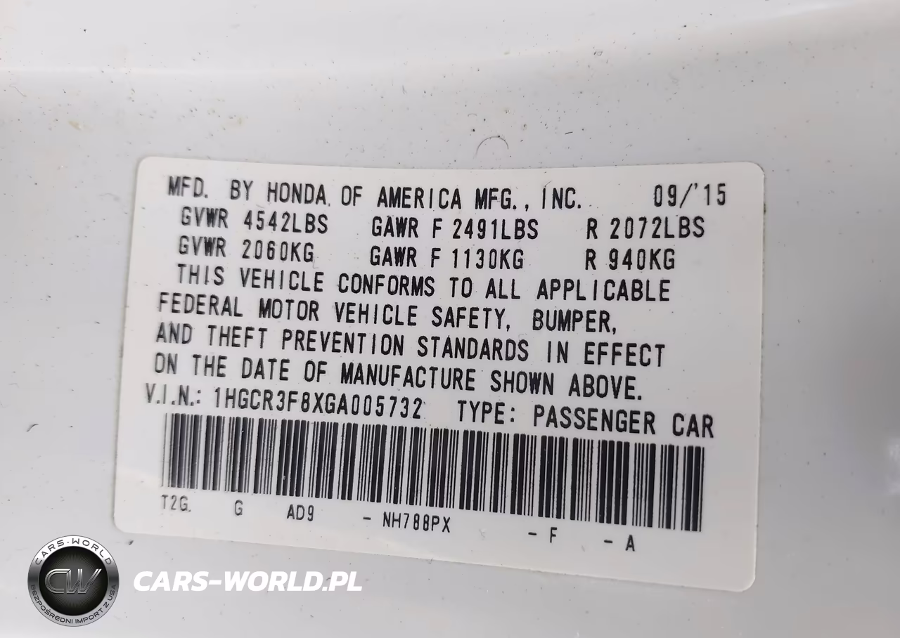 2016 Honda Accord Ex-L V-6 VIN:1HGCR3F8XGA005732 - 9