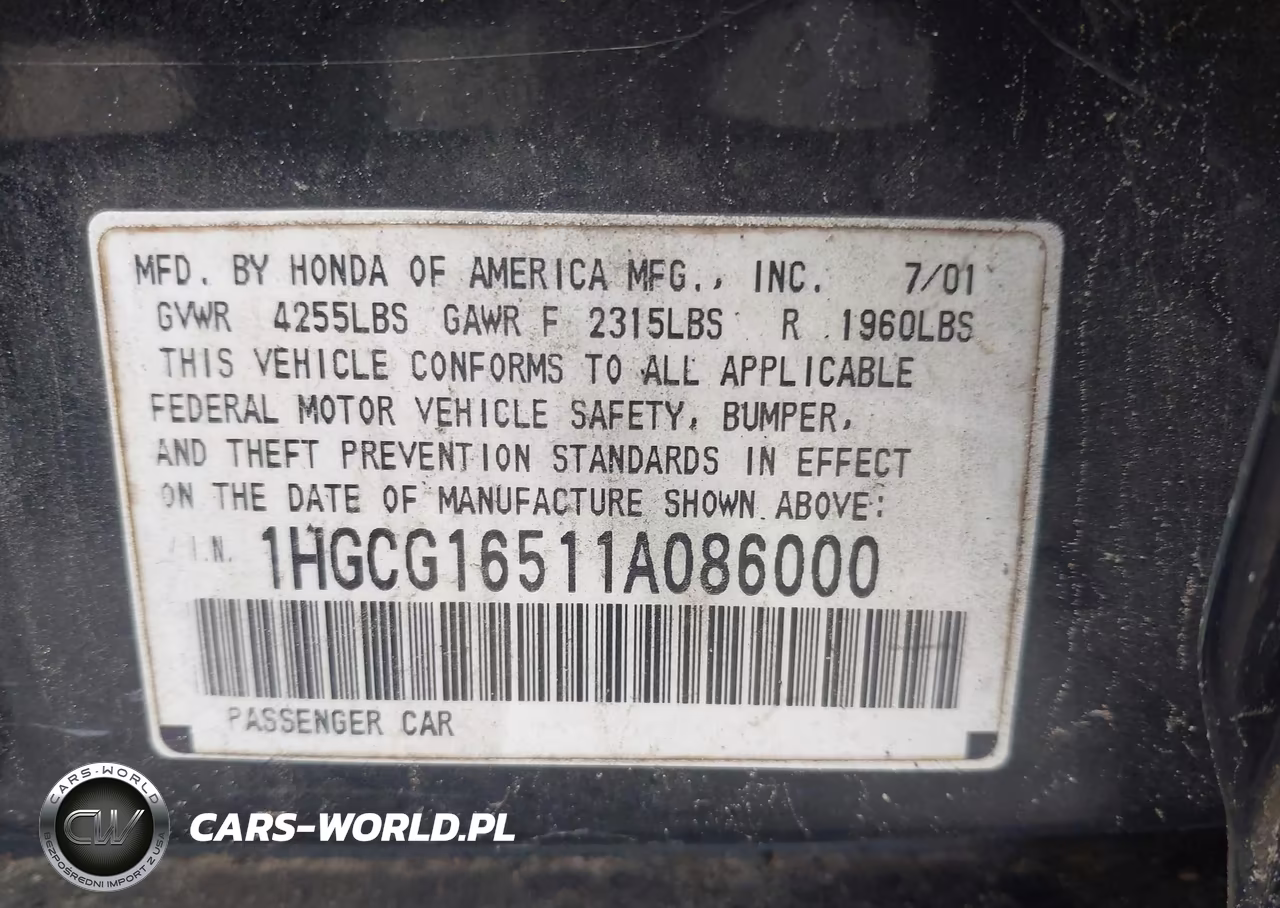 2001 Honda Accord 3.0 Ex VIN:1HGCG16511A086000 - 9
