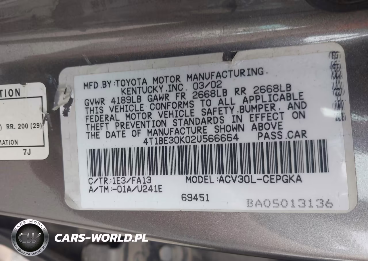 2002 Toyota Camry Xle VIN:4T1BE30K02U566664 - 9
