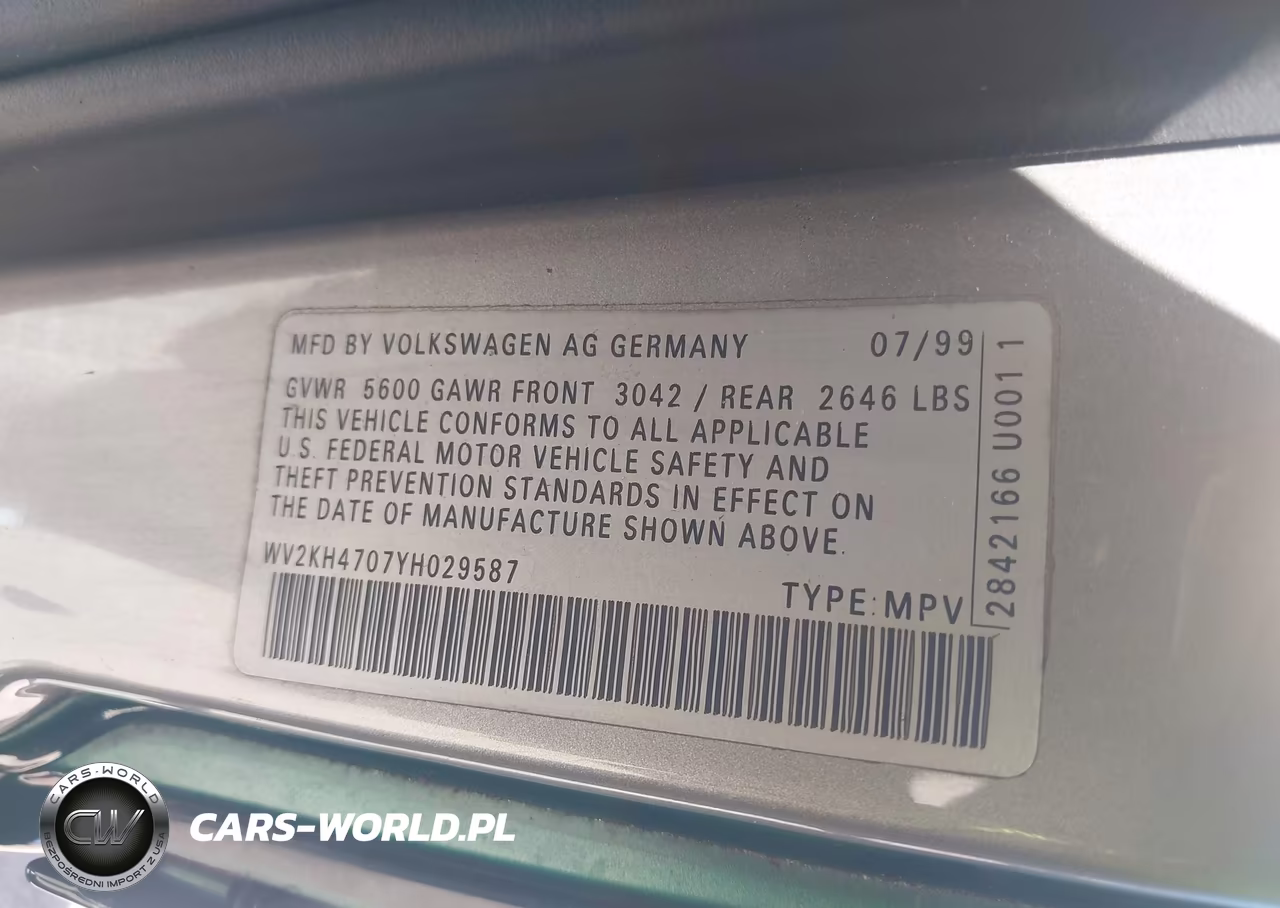 2000 Volkswagen Eurovan Gls VIN:WV2KH4707YH029587 - 9