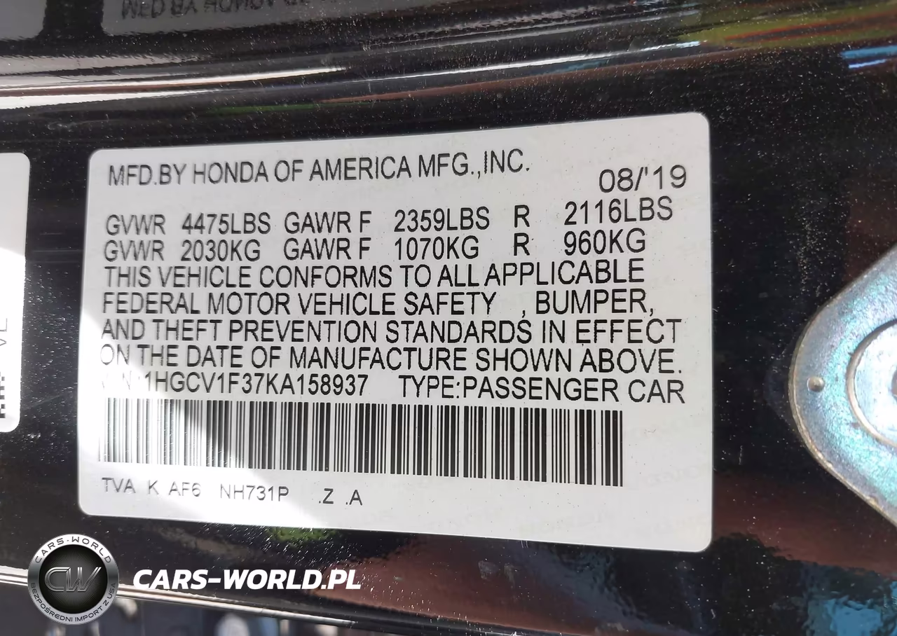 2019 Honda Accord Sport VIN:1HGCV1F37KA158937 - 9
