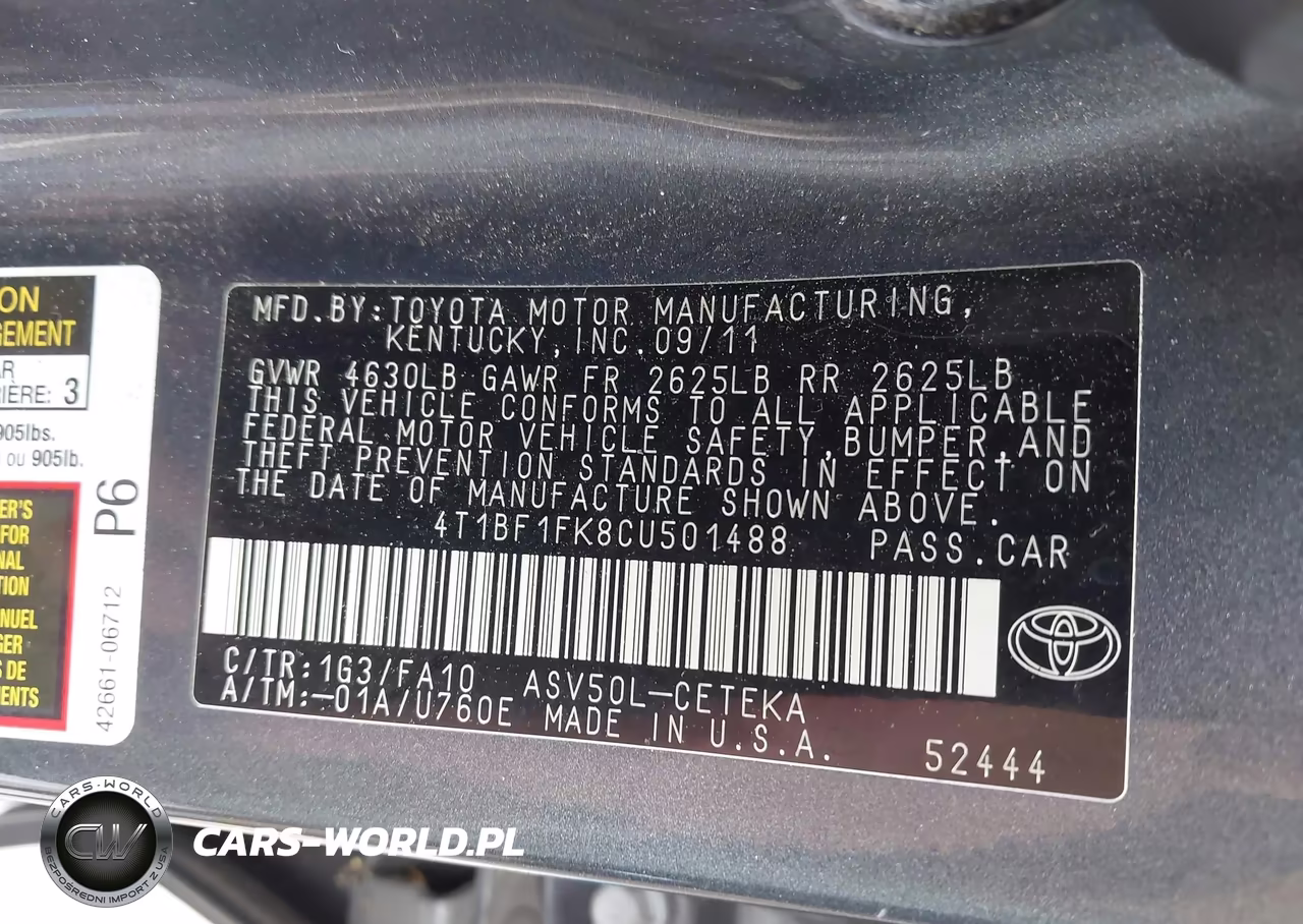 2012 Toyota Camry L VIN:4T1BF1FK8CU501488 - 9