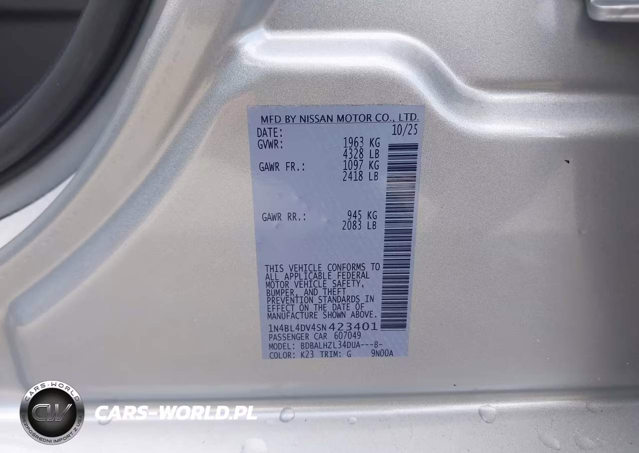2025 Nissan Altima Sv Fwd VIN:1N4BL4DV4SN423401 - 9