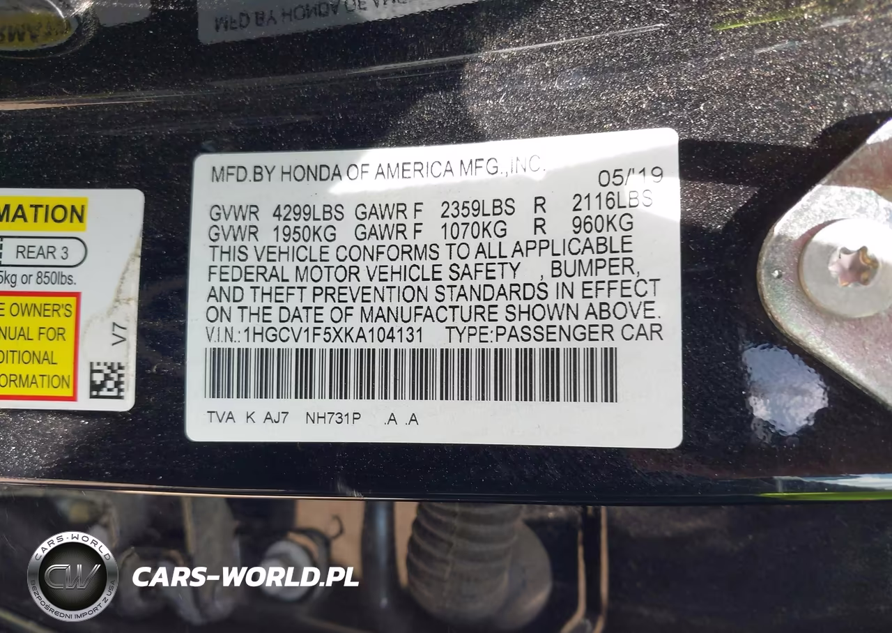 2019 Honda Accord Ex-L 1.5T VIN:1HGCV1F5XKA104131 - 9