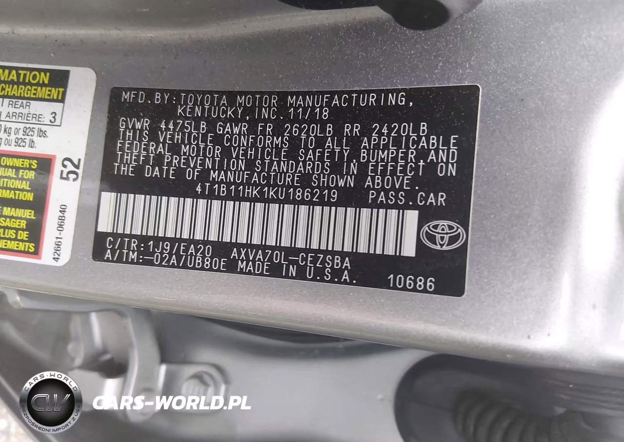 2019 Toyota Camry Se VIN:4T1B11HK1KU186219 - 9