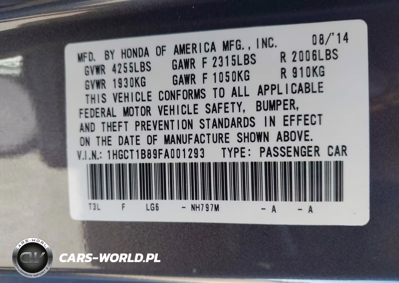 2015 Honda Accord Ex-L VIN:1HGCT1B89FA001293 - 9