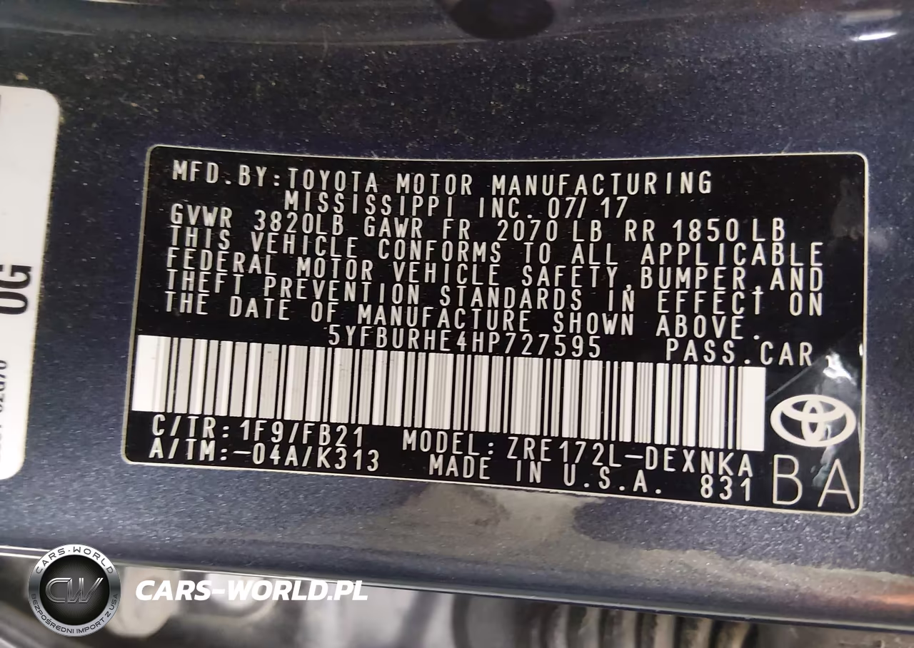 2017 Toyota Corolla Le VIN:5YFBURHE4HP727595 - 9
