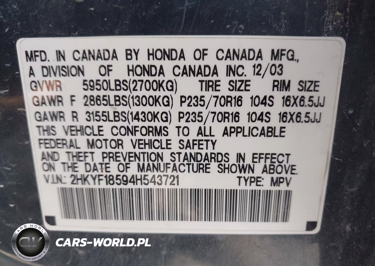 2004 Honda Pilot Ex-L VIN:2HKYF18594H543721 - 9