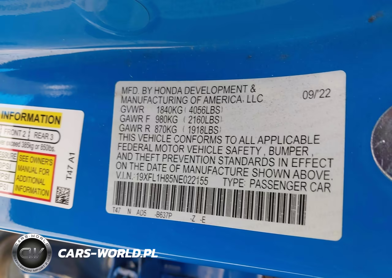 2022 Honda Civic Sport Touring VIN:19XFL1H85NE022155 - 9