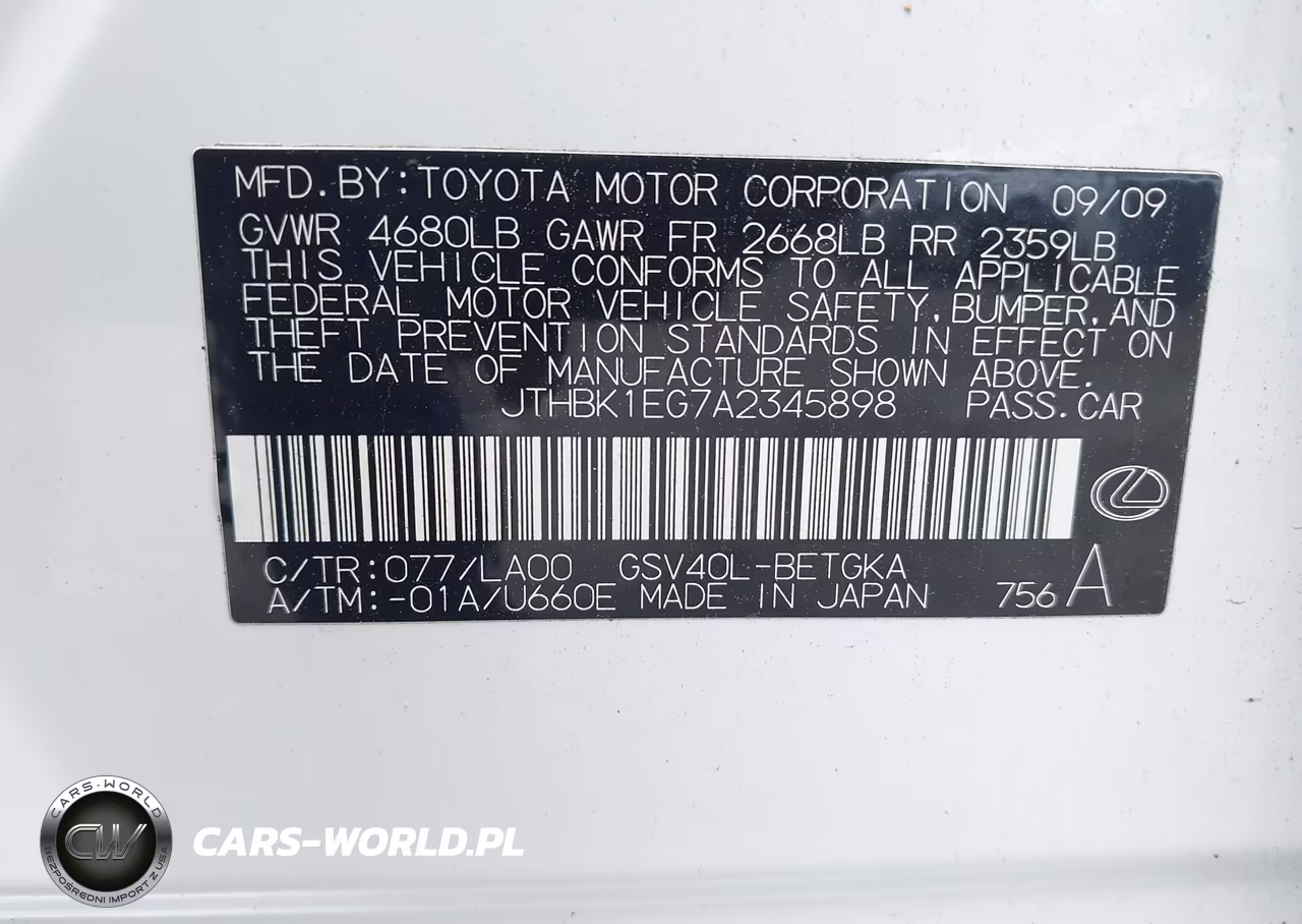 2010 Lexus Es 350 VIN:JTHBK1EG7A2345898 - 9