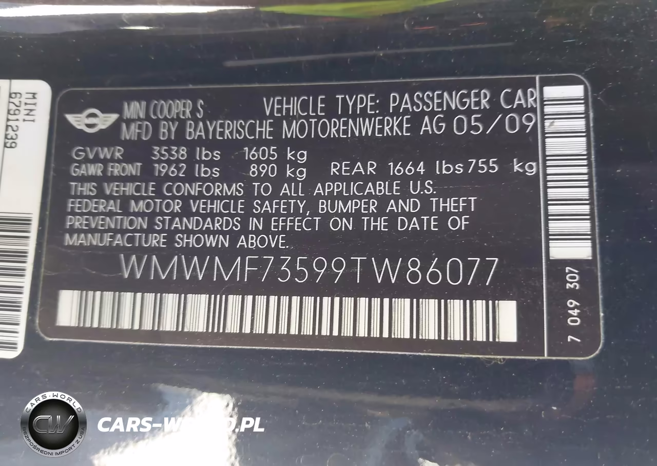2009 Mini Cooper S VIN:WMWMF73599TW86077 - 9