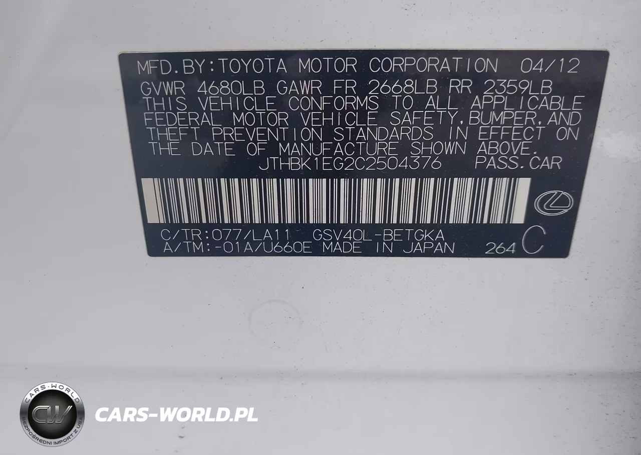 2012 Lexus Es 350 VIN:JTHBK1EG2C2504376 - 9
