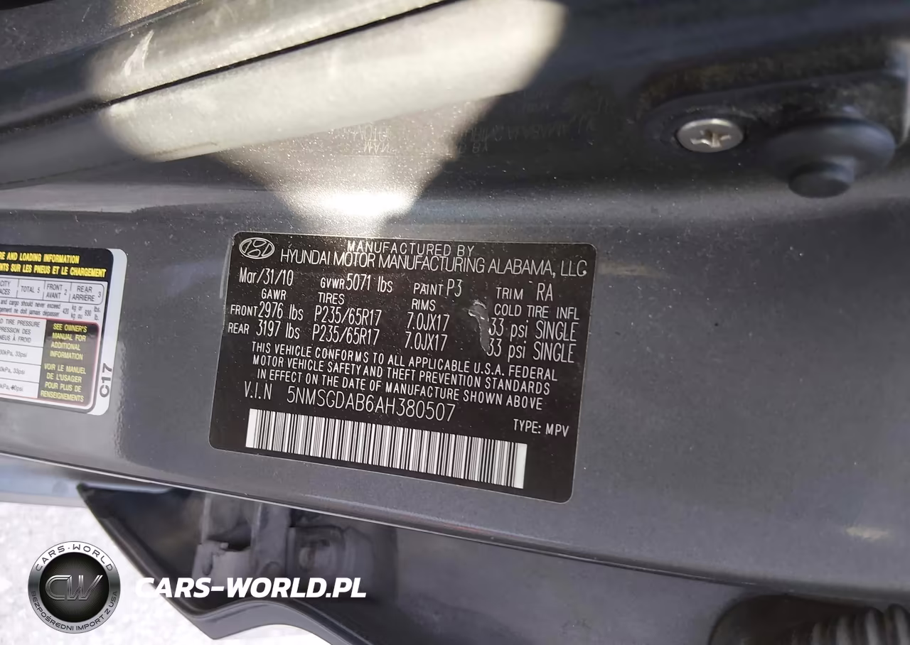 2010 Hyundai Santa Fe Gls VIN:5NMSGDAB6AH380507 - 9