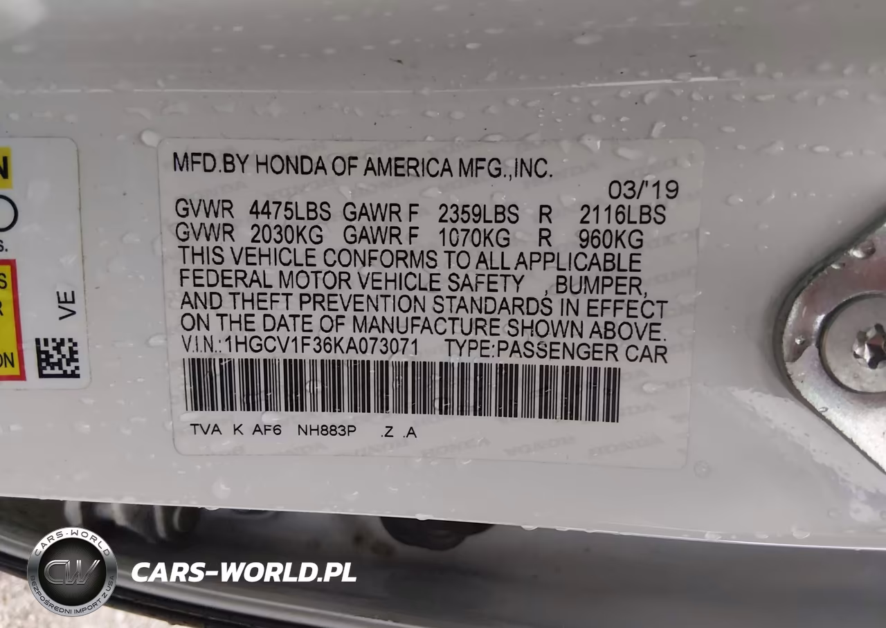 2019 Honda Accord Sport VIN:1HGCV1F36KA073071 - 9