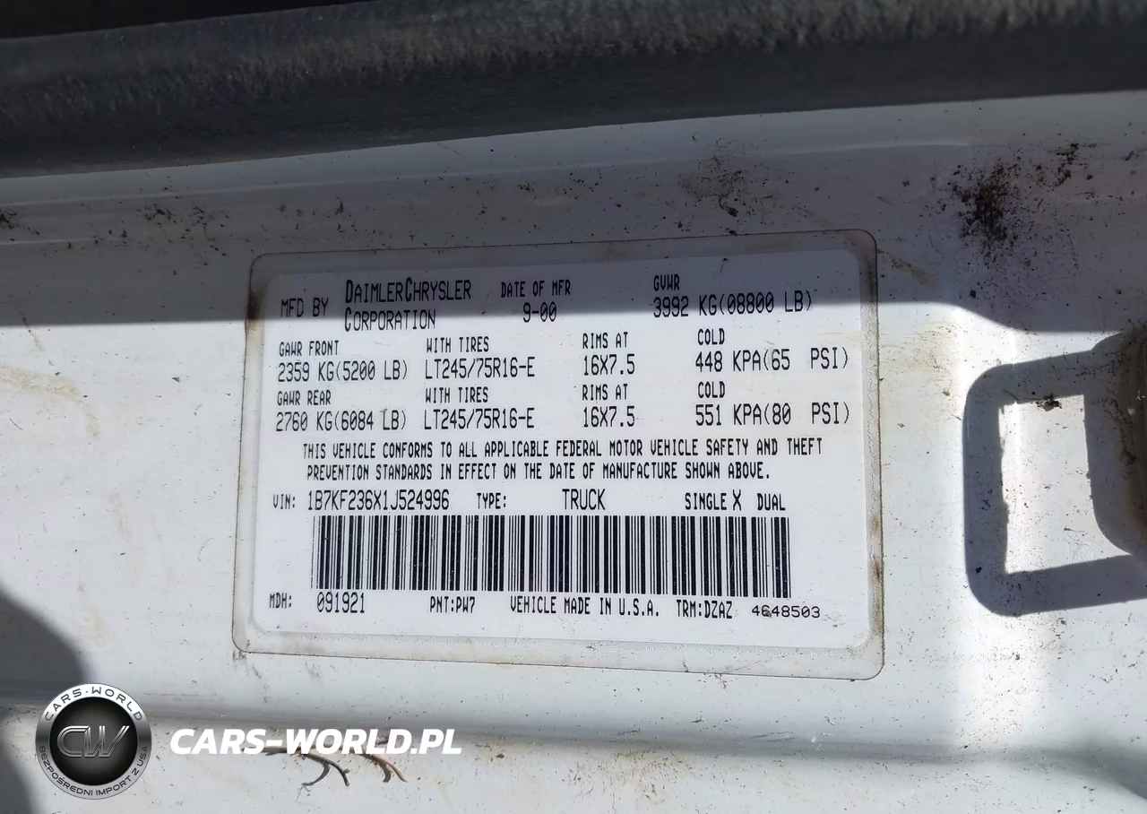 2001 Dodge Ram 2500 St VIN:1B7KF236X1J524996 - 9