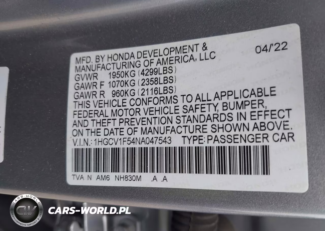 2022 Honda Accord Ex-L VIN:1HGCV1F54NA047543 - 9
