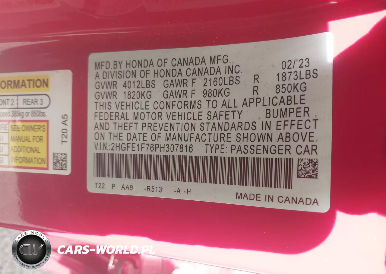 2023 Honda Civic VIN:2HGFE1F76PH307816 - 9