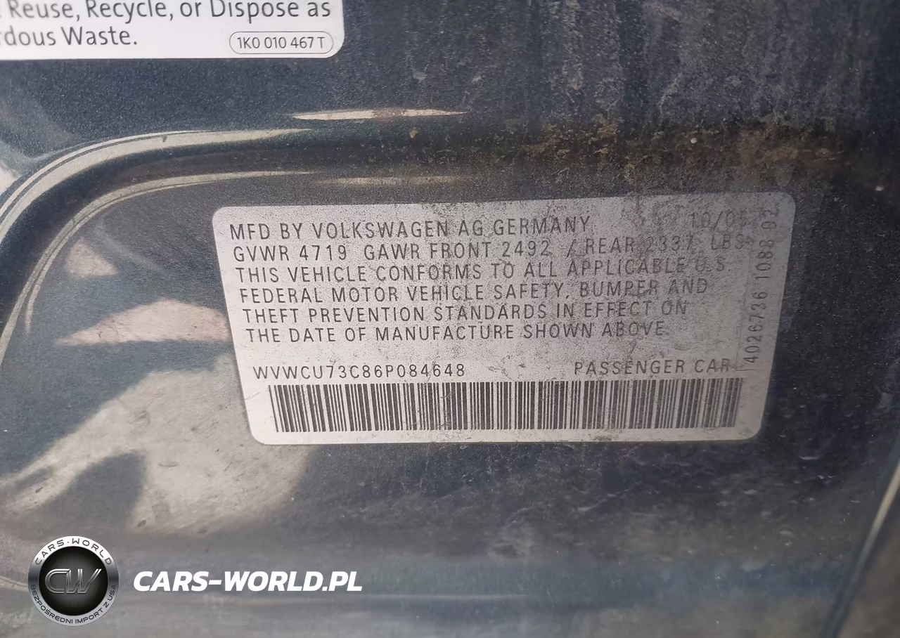 2006 Volkswagen Passat 3.6 VIN:WVWCU73C86P084648 - 9