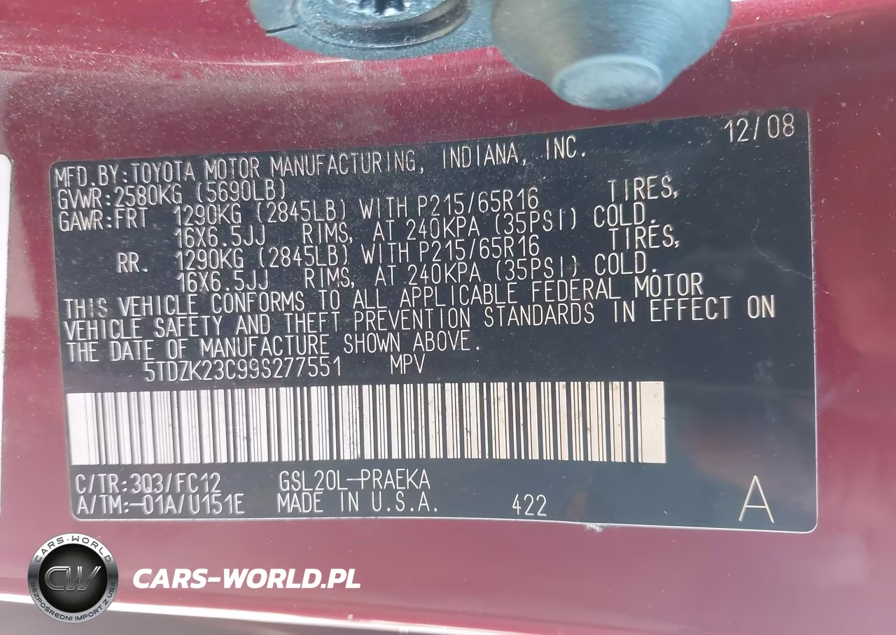 2009 Toyota Sienna Le VIN:5TDZK23C99S277551 - 9