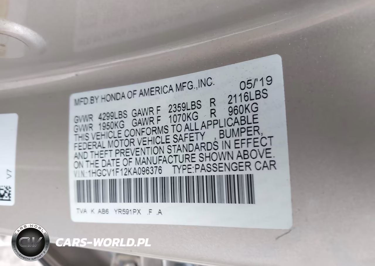2019 Honda Accord Lx VIN:1HGCV1F12KA096376 - 9
