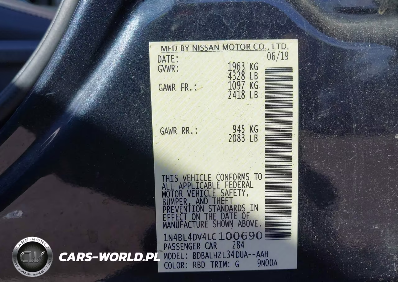 2020 Nissan Altima Sv Fwd VIN:1N4BL4DV4LC100690 - 9