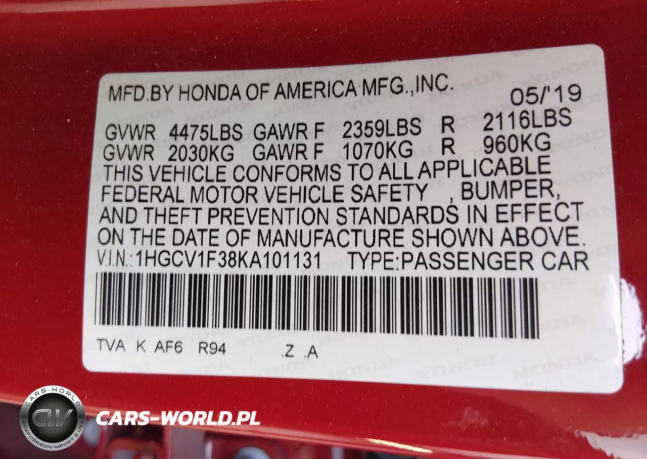 2019 Honda Accord Sport VIN:1HGCV1F38KA101131 - 9