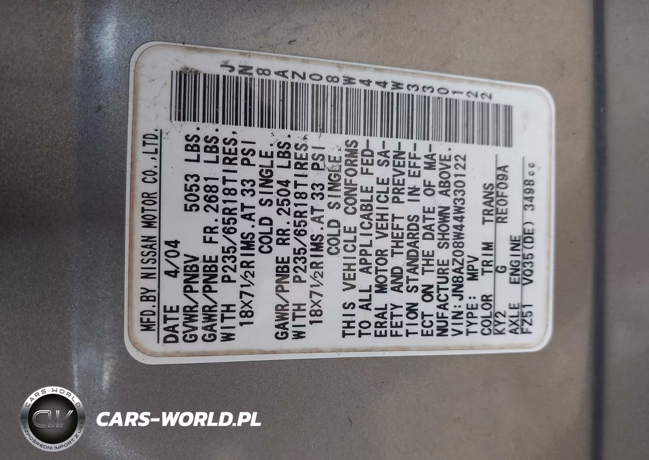 2004 Nissan Murano Sl VIN:JN8AZ08W44W330122 - 9
